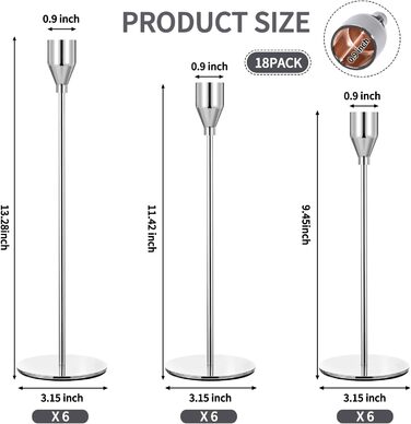 Set of 12 candle holders, French colored candlestick holders, suitable for 3/4 inch thick candles, high candle stand made of metal for wedding, home decoration, Candle-Light-Dinner (Silver, 18 pieces)