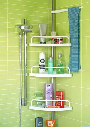 stardis Telescopic Corner Shelf, Stainless Steel, Rust-Proof with 4 Shelves, Shower Shelf, Telescopic Shelf for Shower, Bathroom, Shower Shelf, Height Adjustable from 120-300 cm, White