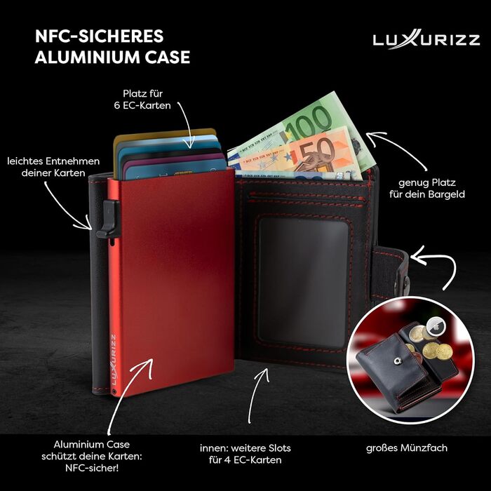 Смарт-гаманець Luxurizz з натуральної шкіри червоний/чорний - тонкий гаманець з відділом для монет та RFID-захистом - практичний картхолдер з слайдером для чоловіків та жінок, вміщує 10 карт