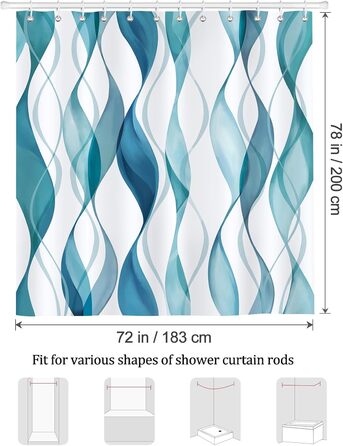 Шторка для душу Bonhause 180x180 см, водонепроникна, антигрибкова, смугаста, поліестер, з кільцями (180x180 см, 1 шт., бірюзовий)