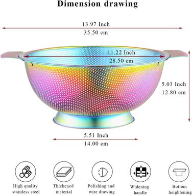 Ситечко Kyraton Gold Colander 5 Quart з нержавіючої сталі з покриттям з титану та золота, професійне, з міцними ручками та кільцем для самостійного зливу, легко миється, придатне для миття в посудомийній машині
