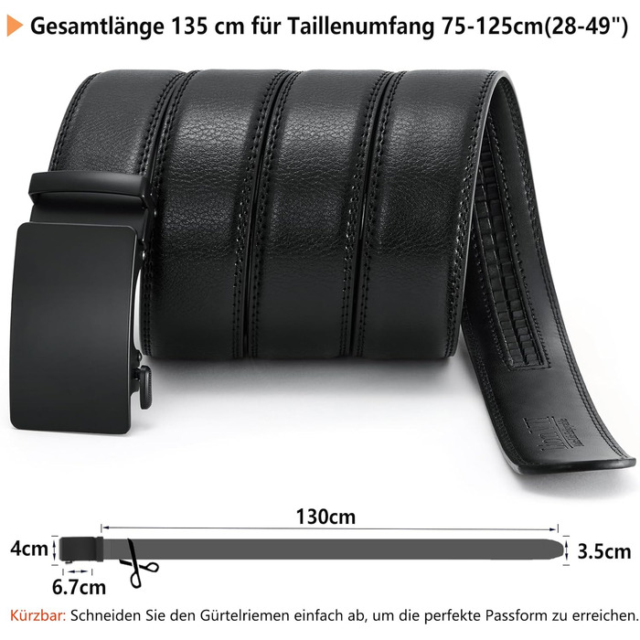 Чоловічий шкіряний ремінь LionVII з автоматичною пряжкою - 3,5 см, регульований, для відпочинку та бізнесу, обрізається під 75-125 см (30-49 дюймів), чорний – Кріфт (Чорний – Елегантність)