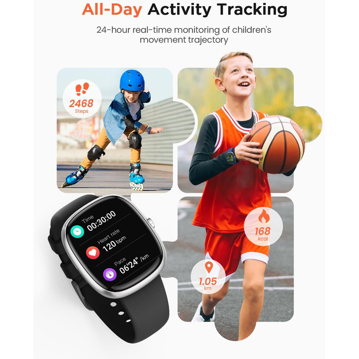 Дитячий розумний годинник для хлопчиків та дівчаток, фітнес-трекер активності з 100+ спортивними режимами, крокомір, монітор серцевого ритму та сну, водонепроникність IP68, подарунок для підлітків 5-16 років, чорний