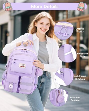 Рюкзак для підлітка Tanou, жіночий, для школи, 9-16 років, великий, водонепроникний, з брелоком (фіолетовий)