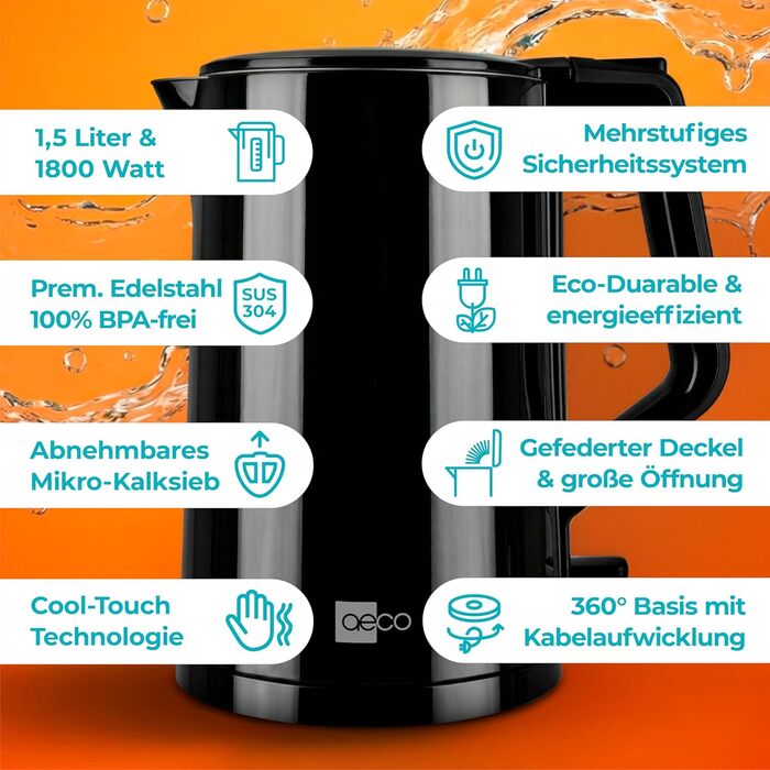 Електричний чайник Aeco AQA NEO з нержавіючої сталі, 1.7 л, 2150 Вт, без BPA, фільтр від накипу, бездротовий, CoolTouch, шампань сріблястий