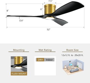 Сучасний стельовий вентилятор 132 см з підсвічуванням та пультом керування, тихий DC-двигун, сумісний з Alexa/Google Home (чорне золото)