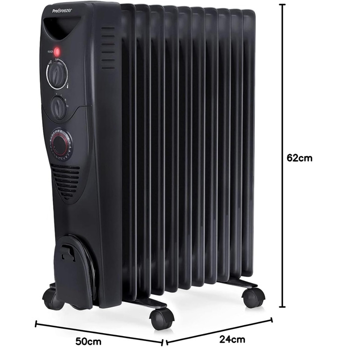 Електричний масляний радіатор Pro Breeze 2500W з таймером, 3 режими, термостат, захист від перегріву, білий/чорний
