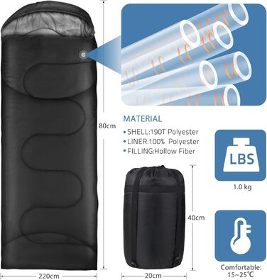Спальний мішок Outdoor для кемпінгу 3 сезони, дорослий, 2 в 1, теплий, легкий, водонепроникний, для подорожей, хайкінгу та туризму, чорний