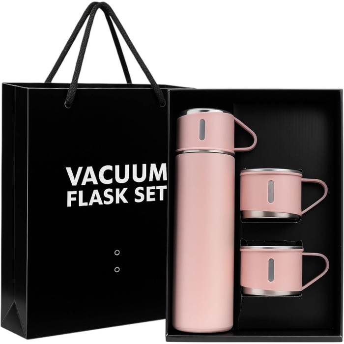 Термофляга 500 мл з нержавіючої сталі – 2 чашки з ручкою – без витоку, BPA-free – з щіткою для чищення – рожева