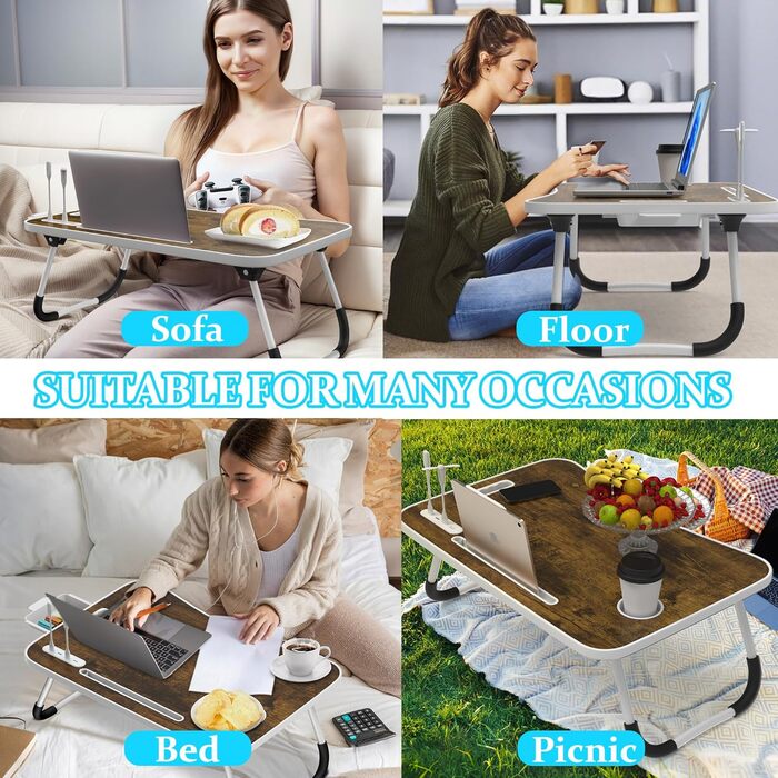 Столик для ноутбука Soontrans з ящиком, тримачем для напоїв та планшета, світлом та вентилятором, 60x40x28 см