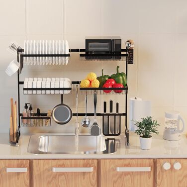 Сушарка для посуду на мийку, 3-ярусна, нержавіюча сталь, регульована (84-102 см), велика сушарка для стільниці (чорна)