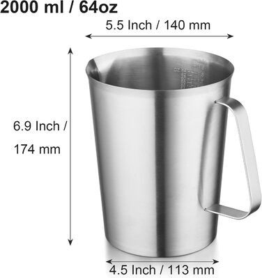 CURTA stainless steel measuring cup, 2L measuring cup, stainless steel milk frothing pitcher with markings, types of markings including ml, oz, and cup…