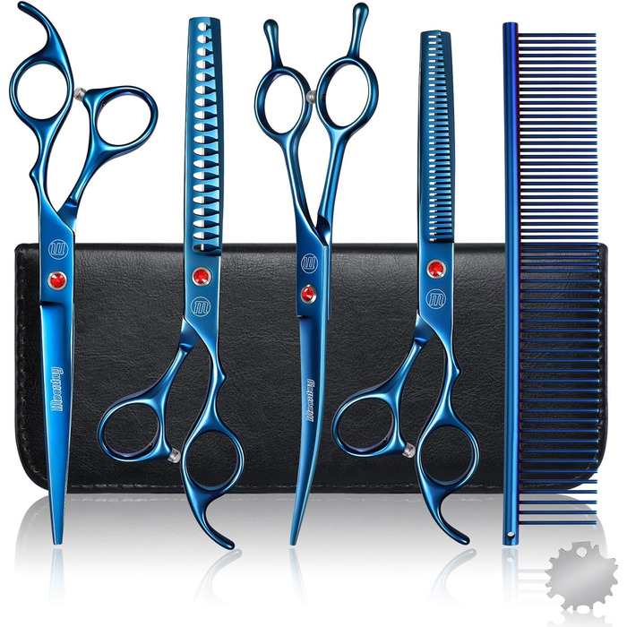 Професійний набір ножиць для грумінгу собак Moontay 7 дюймів (3 ножиці): вигнуті, прямі, розріджувачі (блакитний)