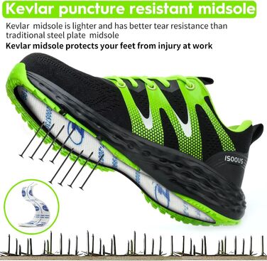 Черевики робочі ISOOUS для чоловіків та жінок. Безпекові черевики з металевим носком, неслизькі, дихаючі, спортивні (43 EU, Зелений)