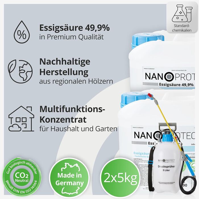 Оцтова кислота Nanoprotect 10 кг з розпилювачем, преміум очищувач і засіб від накипу для дому та саду, Німеччина