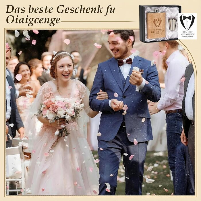 Персоналізований набір фляг 8oz з гравіюванням – фляга з нержавіючої сталі, 4 склянки, воронка & подарункова коробка для дружків, подарунок на весілля для чоловіків та жінок (колір дерева)