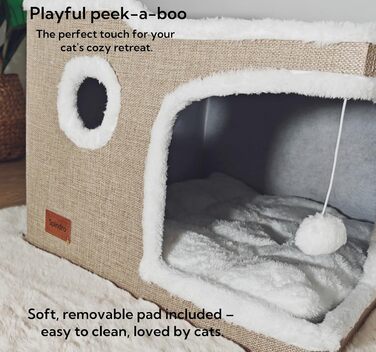 Spindro Cat Cave Cat Bed Large, Cat House Indoor Cat Sleeping Place with Removable Sherpa Cat Cushion and Hanging Toy, Cat Bed, Light Grey 42x42x33cm (2 level (42cmx42cmx33cm), Khaki)