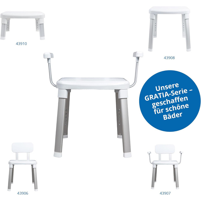 Weinberger Bath Stool Shower Seat with Backrest | Anti-Slip | Supports up to 150 kg | Modern Bathroom Aid for Seniors | Height Adjustable | Model 43906 | White (Bath Stool with Armrests)