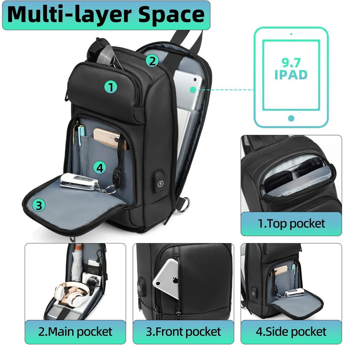 Чоловіча нагрудна сумка GYakeog Crossbody Bag: водонепроникна, з USB-зарядкою, для роботи, подорожей, велоспорту та піших прогулянок - чорна