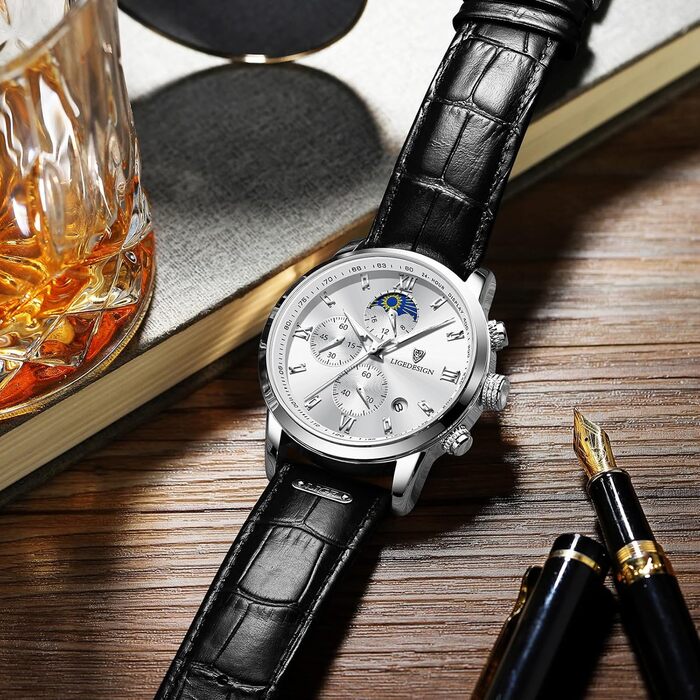 Годинник чоловічий LIGE Retro з шкіряним ремінцем, 3ATM, водостійкий, аналоговий, з датою, місячними фазами (чорний / білий)