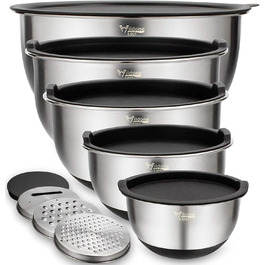 Mixing Bowls 5-Piece Set, Wildone Stainless Steel with Airtight Lids, 3 Grater Attachments, Measuring Markings, and Non-Slip Bottoms, Sizes 5, 3, 2, 1.5, 0.63 QT, ideal for mixing and serving