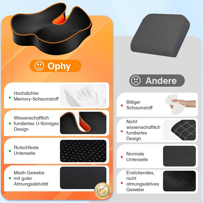 Подушка для сидіння Ophy для авто та офісного крісла з піною Memory Foam, знімною обкладинкою, помаранчева