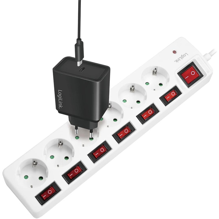 Смуга розподілу LogiLink LPS233 з 6 розетками, захистом від перенапруги та дитячим замком, CEE 7/3 (біла)