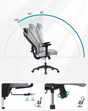 Офісний стіл SONGMICS: ергономічне крісло з регульованою поперековою та підголовною підтримкою, до 150 кг, регульована висота, сірий