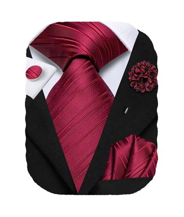 Комплект краватки Hi-Tie: краватка, нагрудний платок, запонки та бутоньєрка в клітку, темно-червоний, для ділових зустрічей та весіль