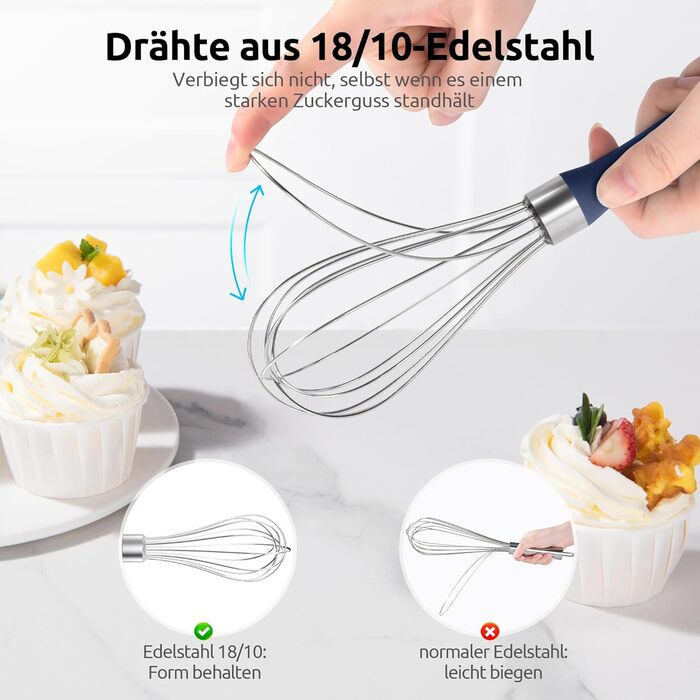 Міксер кухонний U-Taste, 30 см, нержавіюча сталь 18/10, 12 гнучких дротів, силіконовий грифель, для тіста та соусів, великий, колір: Місячна блакить