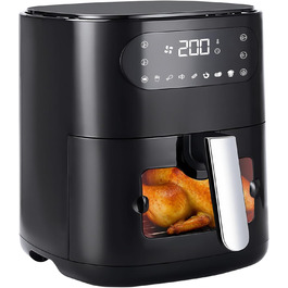 Фритюрниця повітряна 6L з окремим кошиком, прозорим вікном та 7 програмами - тиха, легко чиститься, з таймером та сенсорним екраном, 10 листків пергаменту для сімейного використання (Чорна)
