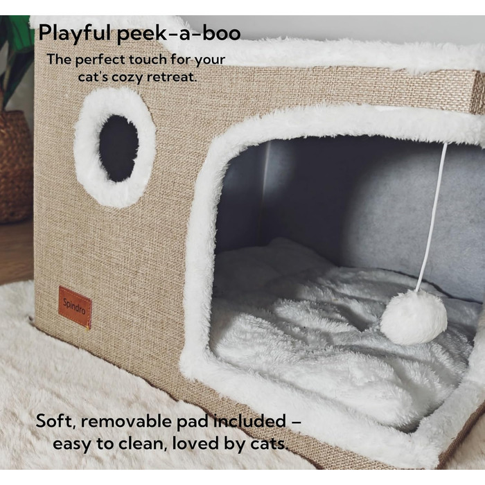 Spindro Cat Cave Cat Bed Large, Cat House Indoor Cat Sleeping Place with Removable Sherpa Cat Cushion and Hanging Toy, Cat Bed, Light Grey 42x42x33cm (2 level (42cmx42cmx33cm), Khaki)