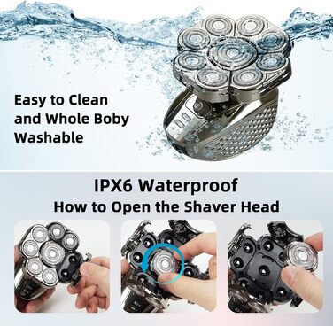 Електричний гоління для чоловіків Glatzen, IPX7 водонепроникний, 9D гнучкий плаваючий головний блок, для мокрого та сухого гоління, LED-дисплей, 120 хвилин роботи від акумулятора, 6-в-1 набір для догляду (9D)