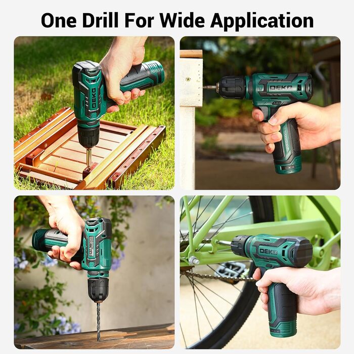 Набір акумуляторної дрилі DEKO 12V: 238 штук інструментів у кейсі. Акумуляторний дриль-шуруповерт для дому, жінок та базового ремонту. Зелений.