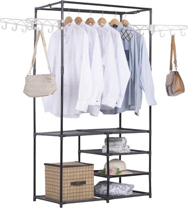 Wardrobe open, coat rack with clothes rail and 12 hooks, freestanding wardrobe with shelf, for dressing room, bedroom, 44 x 87 x 158 cm, Black