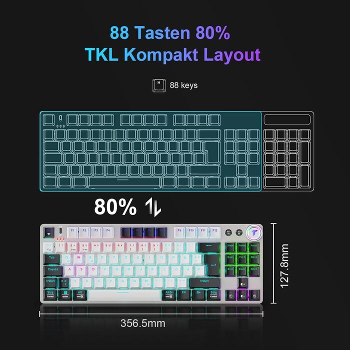 Механічна ігрова клавіатура TECURS бездротова, 80% TKL з підсвічуванням, Red Switch, QWERTZ, для ПК, ноутбука, Windows, чорно-біла