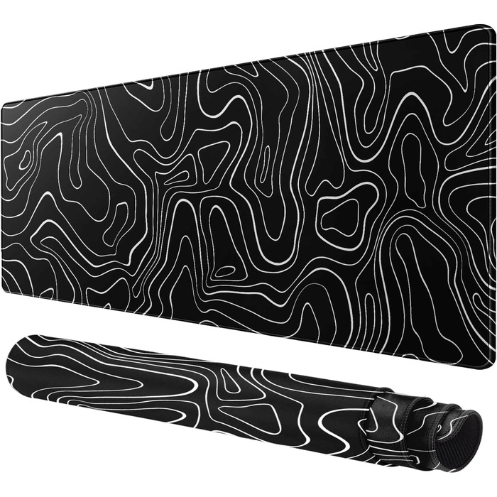 Великий килимок для столу 800x400 мм - ігровий килимок для миші з прошитими краями, неслизька підкладка, килимок для клавіатури та миші Black & White Abstraction (Топографічна лінія)