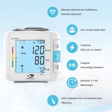 Тонометр на зап'ясті автоматичний, 2 x 99 комірок пам'яті, великий LED дисплей з визначенням аритмії, точне вимірювання, контроль положення манжети (білий)