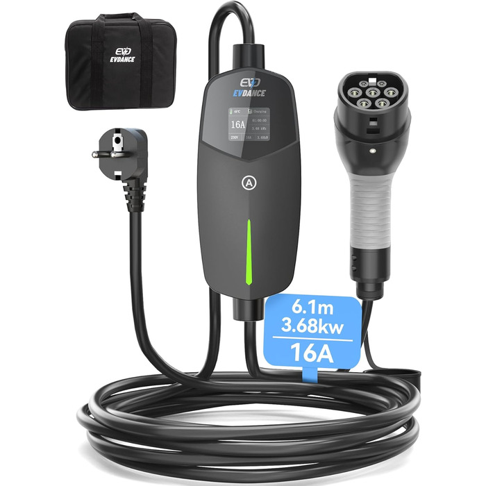 Кабель для зарядки електромобіля Type 2 Schuko, 3.68kW, 6.1м, 6-16A (чорний)