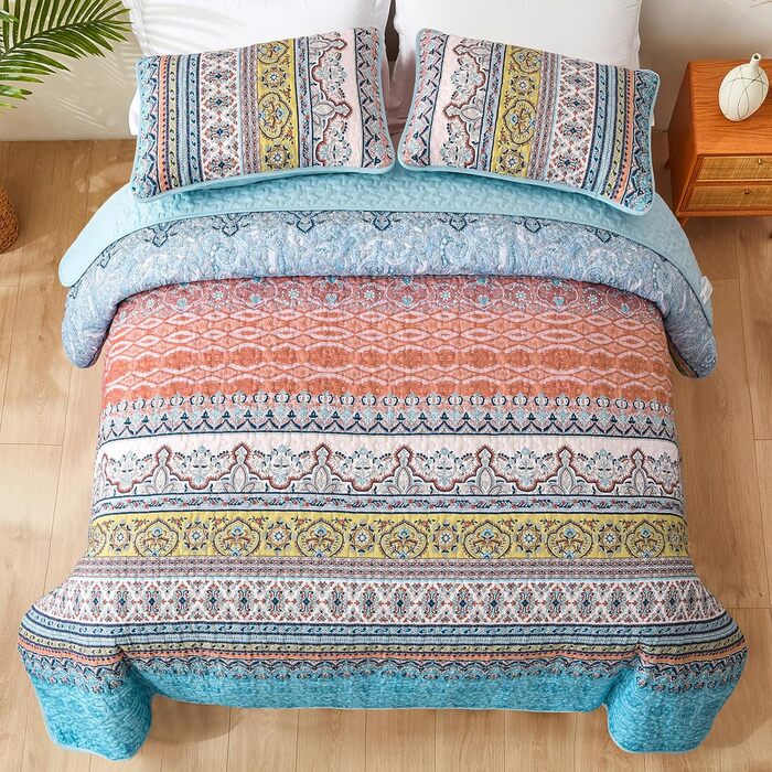 Ковдра стеганий богемний WONGS BEDDING, розмір King, 261,6 x 228,6 см, жовтогарячий, мікрофібра, 3 шт. (King, Рожевий, Синій)