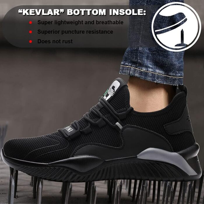 Робочі черевики / захисні черевики для чоловіків та жінок. Легкі, з металевим підноском, дихаючі, неслизькі, спортивного стилю, чорного та сірого кольорів, розміри 36-46 EU.