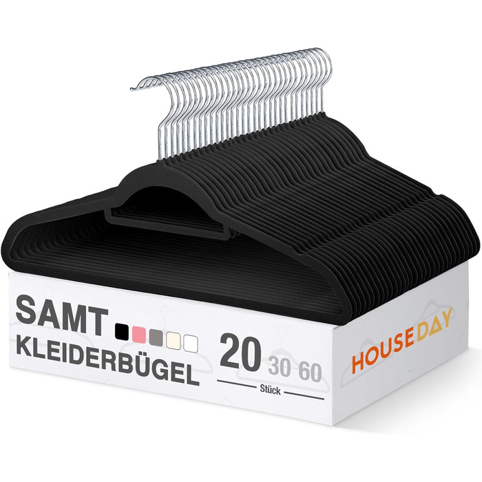 Бархатні вішалки для одягу HOUSE DAY, 30 шт. Преміум-якість, обертаються на 360°, не ковзають. Підходять для сорочок, костюмів, светрів, штанів. Чорний колір