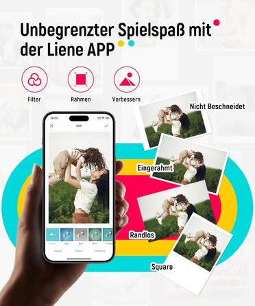 Liene Pearl K100 Mini Фотодрук для смартфонів (5x7 см) - комплект з 50 аркушам фотопаперу на клейкій основі, Bluetooth, 300 DPI, сумісний з iOS & Android, вбудований акумулятор, білий