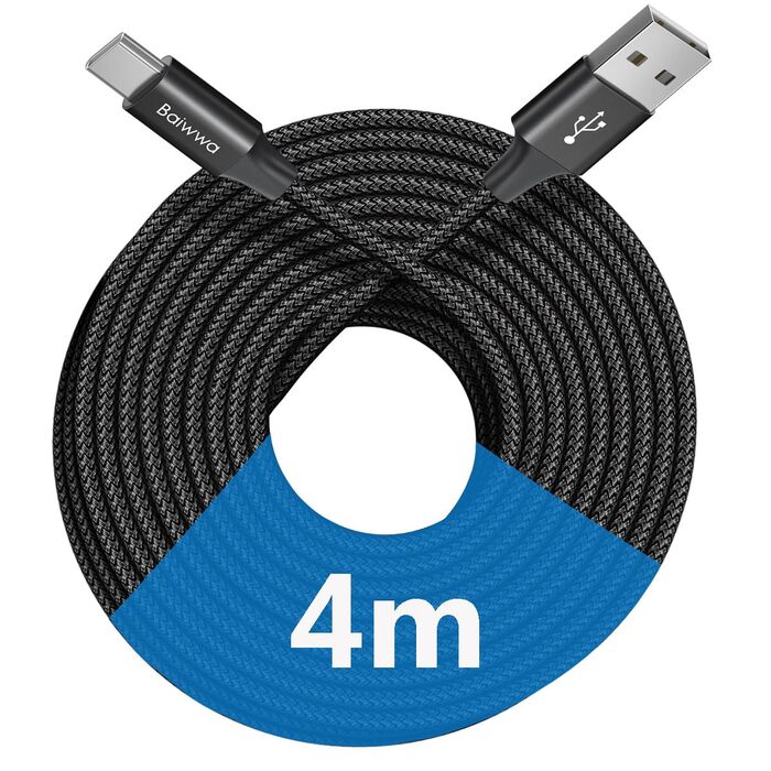 Кабель USB-C на USB-A, 4м, чорний: для Samsung, iPhone, Redmi, Pixel