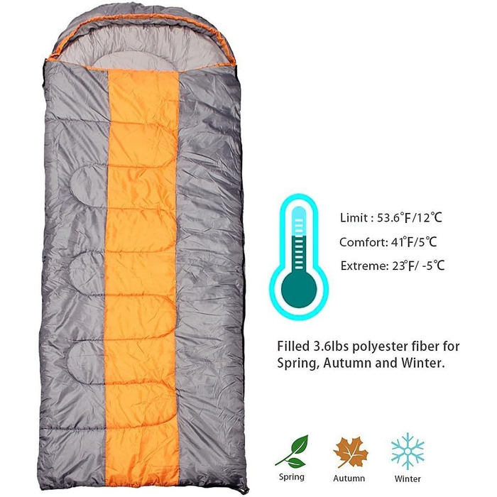 Спальний мішок для кемпінгу, 3 сезони, з капюшоном, для дорослих, зимовий, для подорожей, рюкзаків, походів, з компресійним мішком, оранжевий/сірий, L