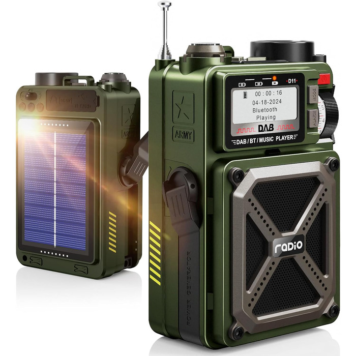 Портативне радіо DAB/DAB+ та FM з Bluetooth 5.3, сонячне радіо, радіо з ручним зарядним пристроєм, SOS, ліхтарик, роз'єм для навушників, SD-карта, USB, 4000 mAh, радіо для надзвичайних ситуацій, темно-зелене, з екраном