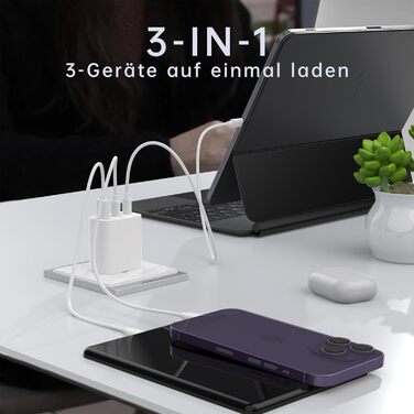 Зарядний пристрій USB-C 65W 3-порти, мережевий адаптер PD для MacBook Pro/Air, iPhone 16/15/14/13, iPad, Samsung S24, Pixel (Білий)