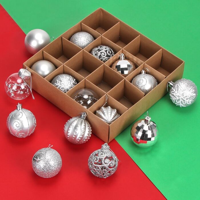 Срібні новорічні кулі - набір 16 шт, пластикові кулі для ялинки 6 см, прикраси для ялинки, опт