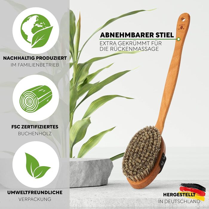 Premium Bath Brush/Body Brush – FSC certified, natural bristles (sisal & horsehair) & cord – body brush with long handle for back, dry & wet brush – 100% Made in Germany