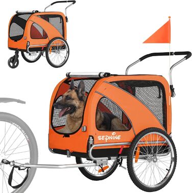 SEPNINE® Велосипедна причепа для собак XL, 2-в-1: причеп та візок для собак з відбивачами та гальмом, матеріал: 600D Oxford Canvas, максимальне навантаження 40 кг, помаранчевий колір